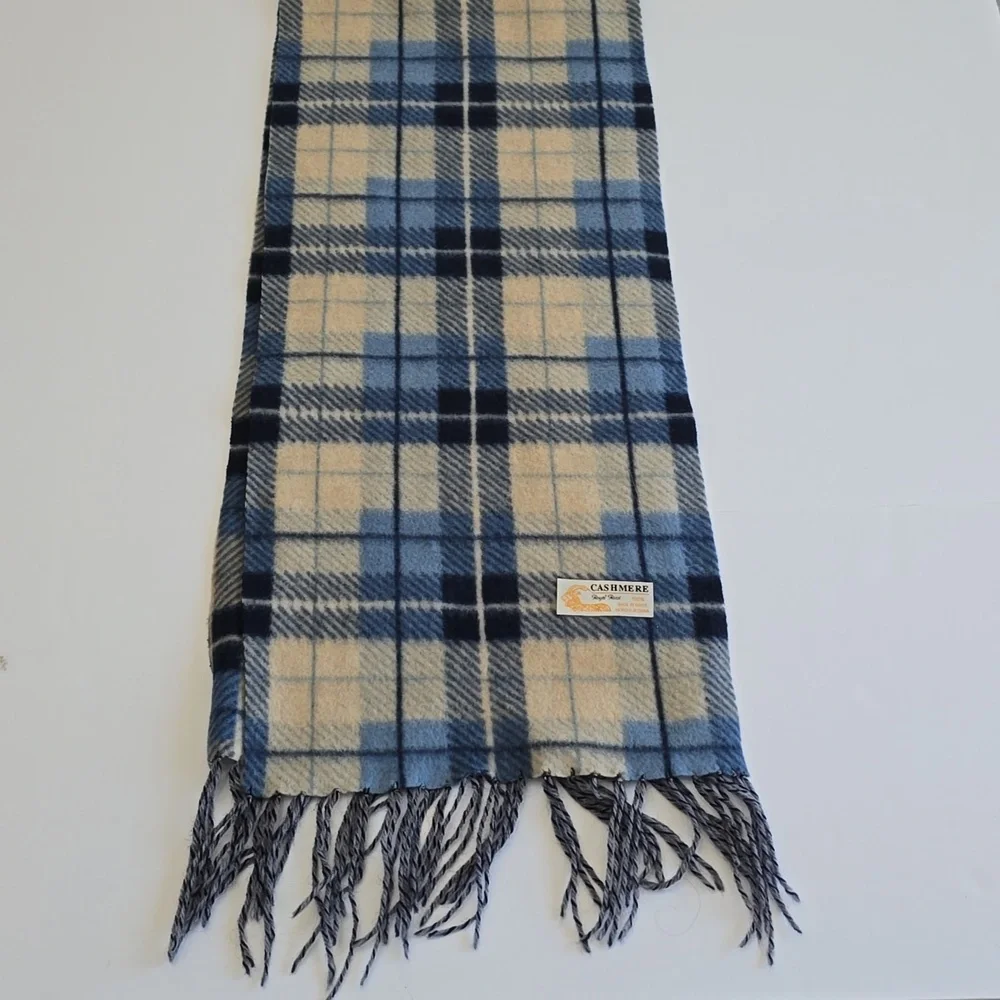 Vintage Royal Rossi Cashmere Fringe Scarf Blue Plaid